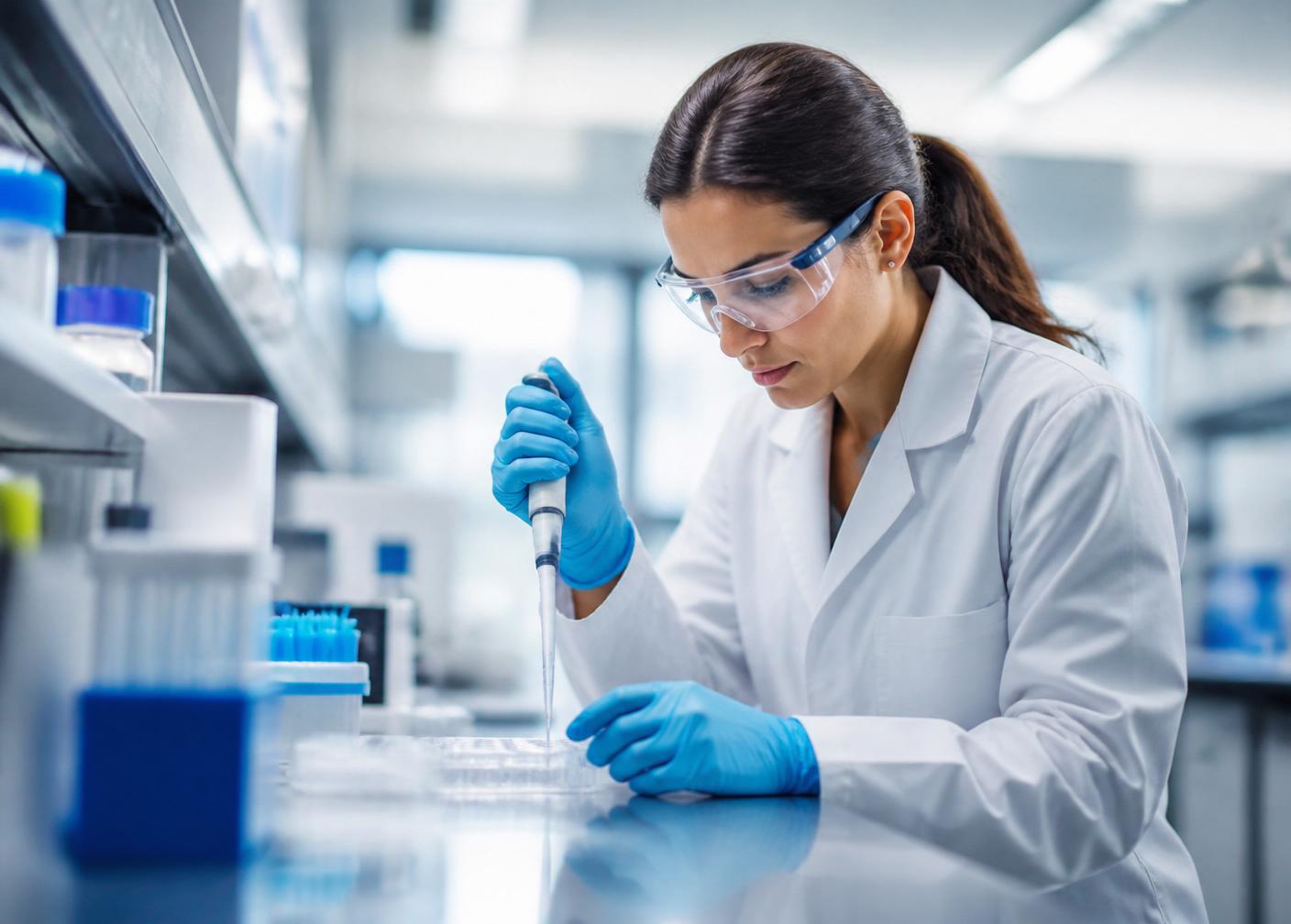 ATMI Labs scientist with protective gloves conducting precision research